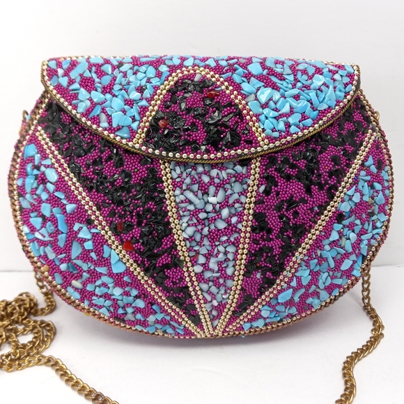 VINTAGE Handmade INDIAN Stones & Beads Mosaic Over Metal Top Flap Crossbody EUC - Picture 7 of 15